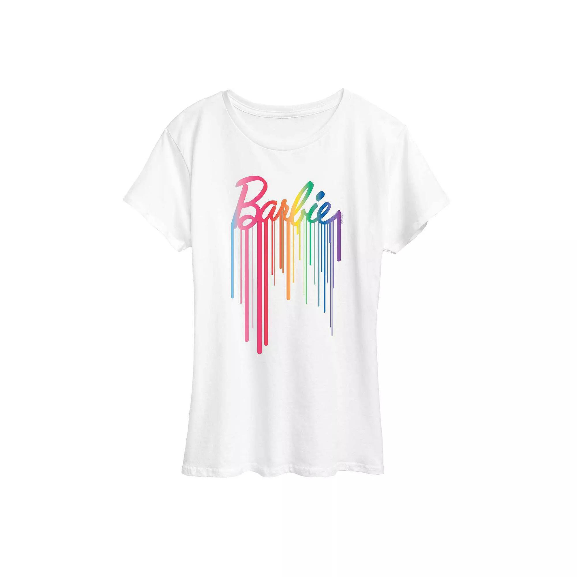 Womens Barbie Logo Rainbow Drip Graphic Tee, Girls Heather Grey Product Image