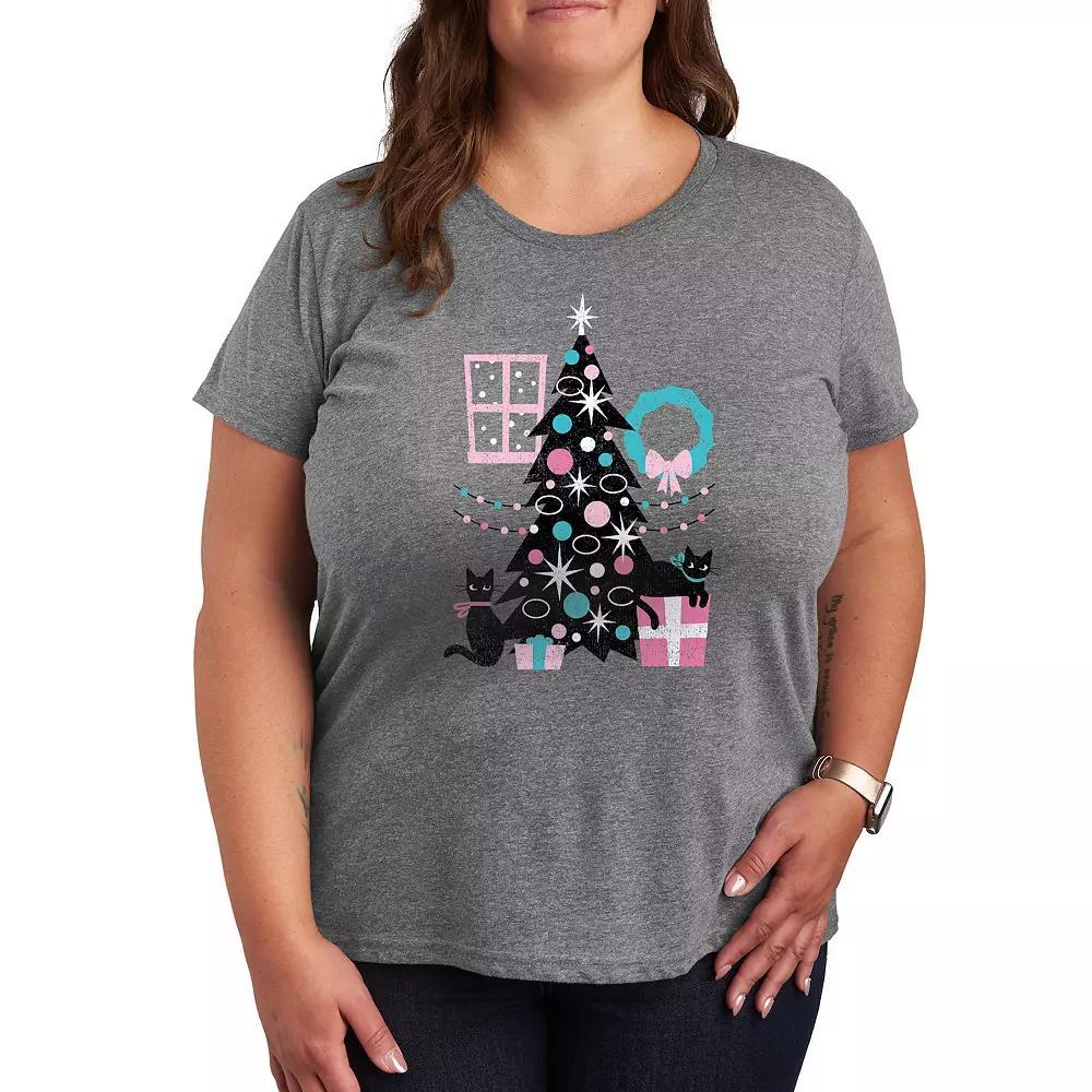 Women's Cats And Christmas Tree Graphic Tee, Girl's, Size: XL, Gray Product Image