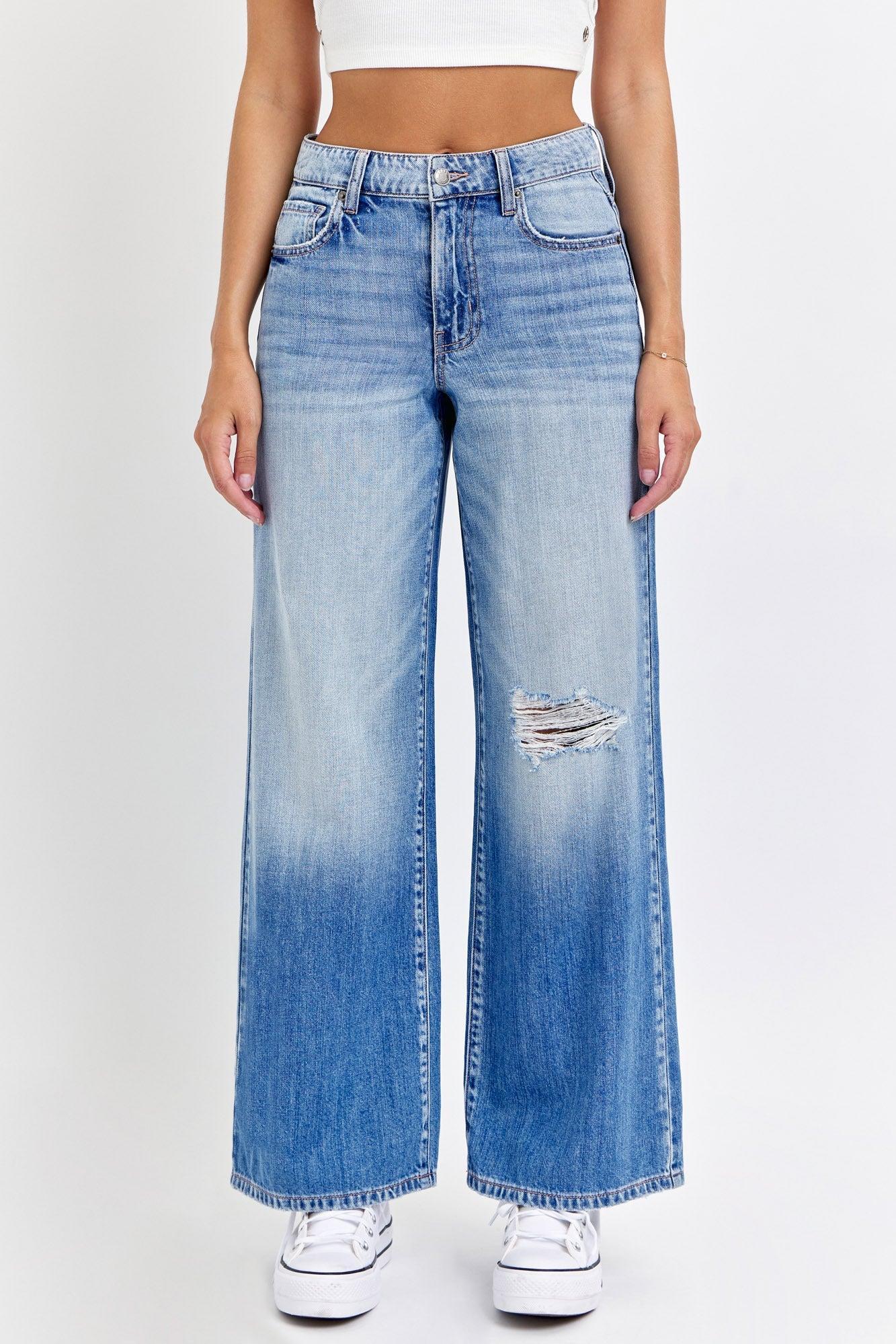 Medium Light Wash Destroyed Wide Leg Jeans - FINAL SALE Product Image