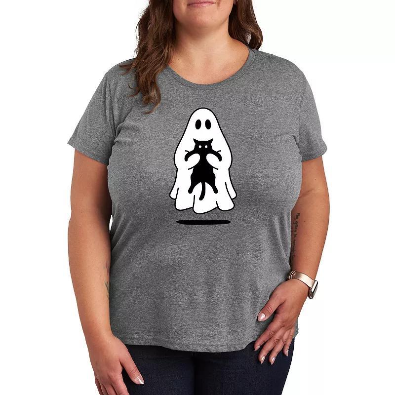 Plus Size Ghost Holding Black Cat Graphic Tee, Womens Grey Gray Product Image