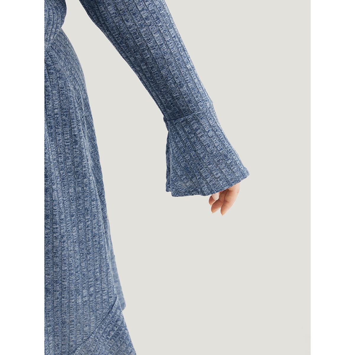Plus Size Rib Knit Button Detail Pocket Bell Sleeve Dress Indigo Women Casual Texture V-neck Long Sleeve Curvy Midi Dress BloomChic 14-16/1X Product Image