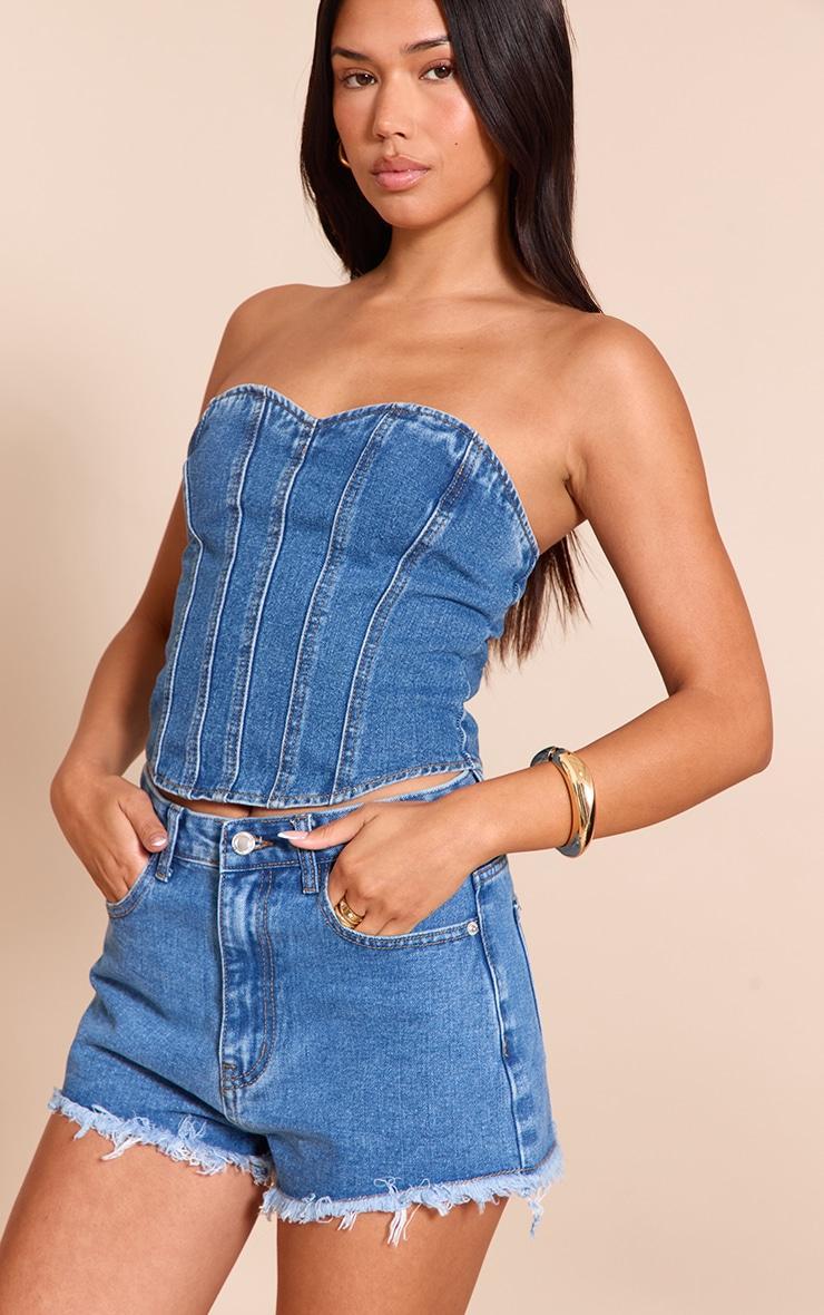 Mid Blue Wash Denim Frayed Hem Shorts Product Image
