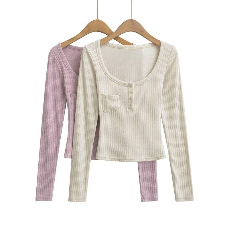 Long Sleeve Scoop Neck Plain Ribbed Cropped Top Product Image