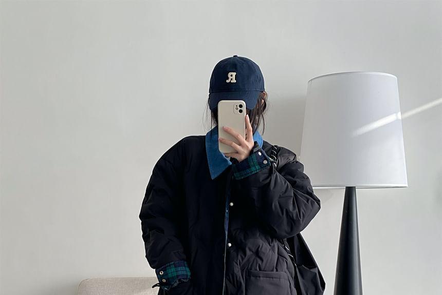 Collared Plaid Panel Button Down Puffer Jacket Product Image