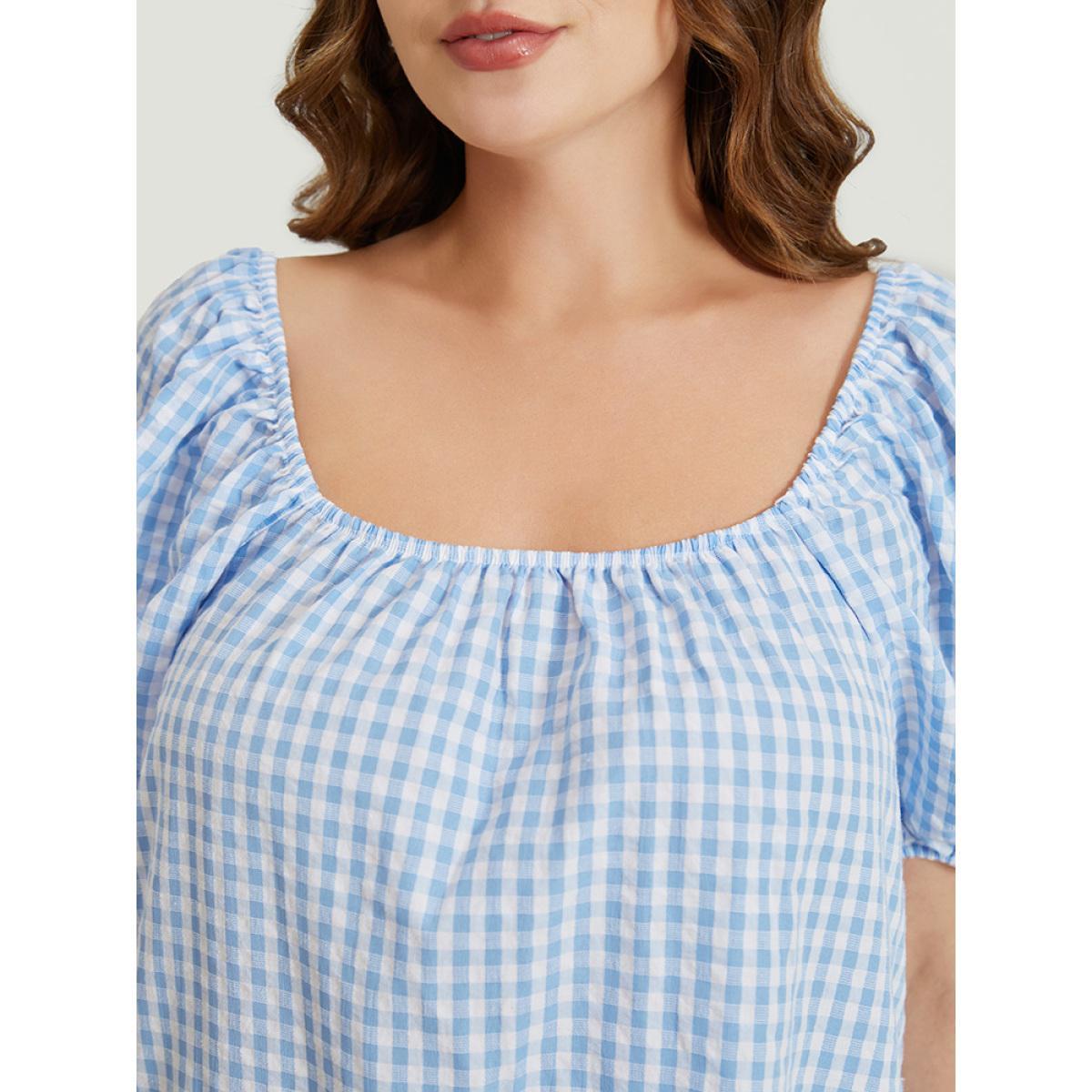 Plus Size LightBlue Gingham Print Square Neck Puff Sleeve Blouse Women Vacation Short sleeve Square Neck Dailywear Blouses BloomChic 22-24/3X Product Image