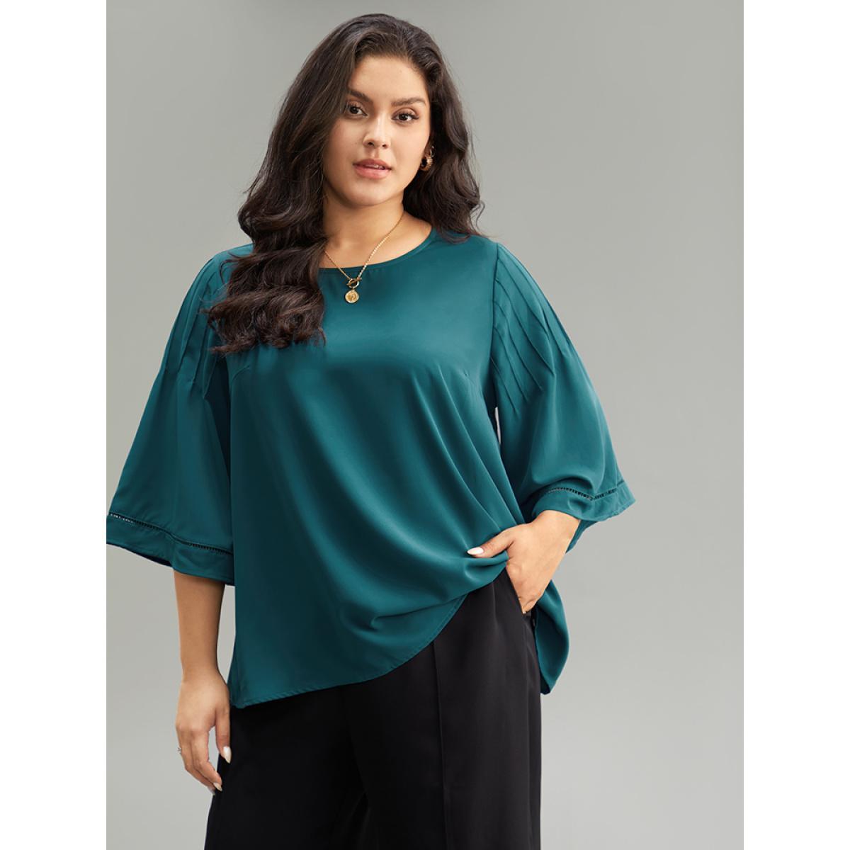Plus Size Cyan Anti-Wrinkle Pleated Detail Flounce Sleeve Blouse Women Office Half Sleeve Round Neck Work Blouses BloomChic 30/6X Product Image