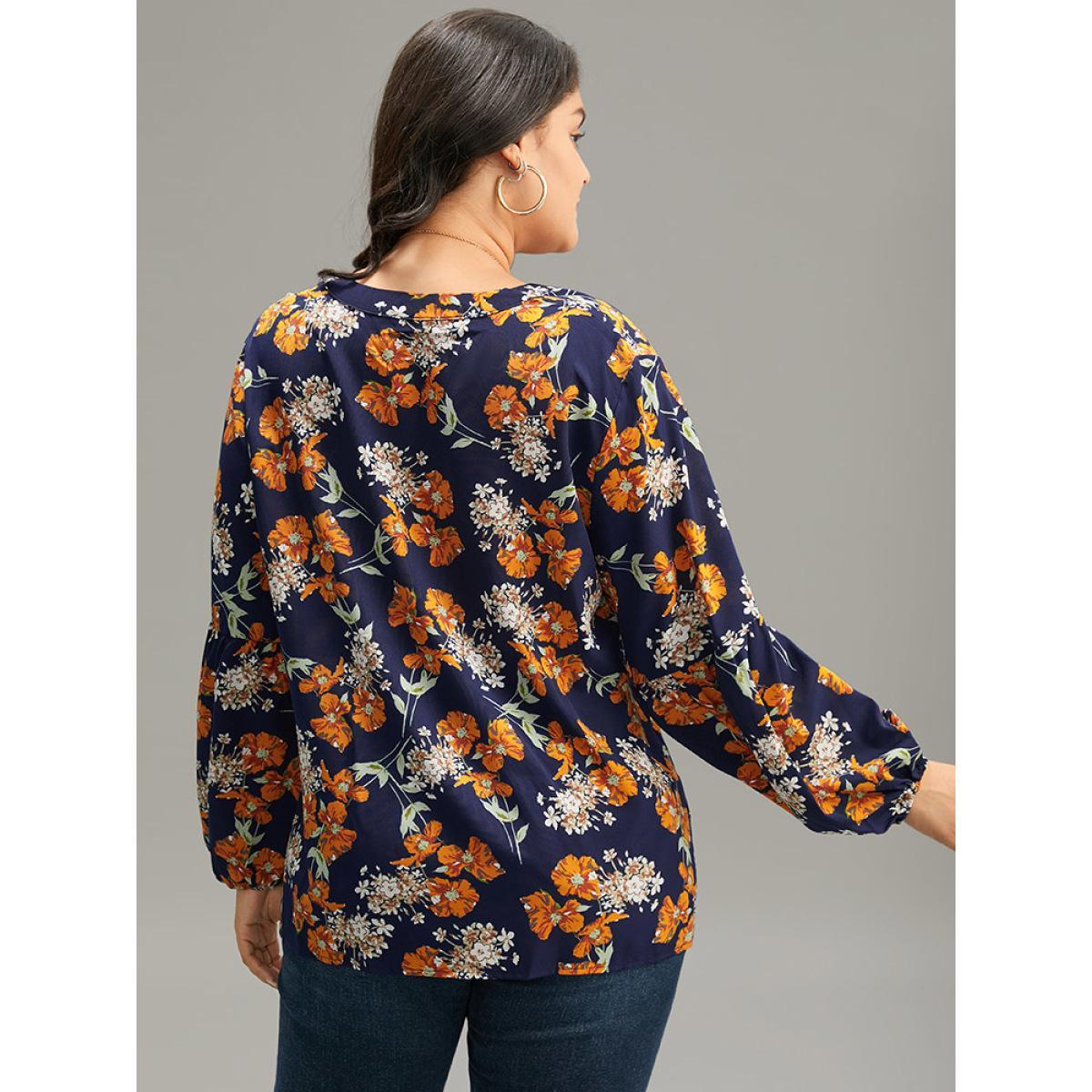 Plus Size Indigo Floral Print Bowknot Ties Lantern Sleeve Blouse Women Elegant Long Sleeve V-neck Dailywear Blouses BloomChic 18-20/2X Product Image