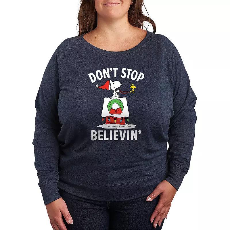 Plus Size Peanuts Believe Snoopy French Terry Long Sleeve Tee, Womens Grey Indigo Product Image