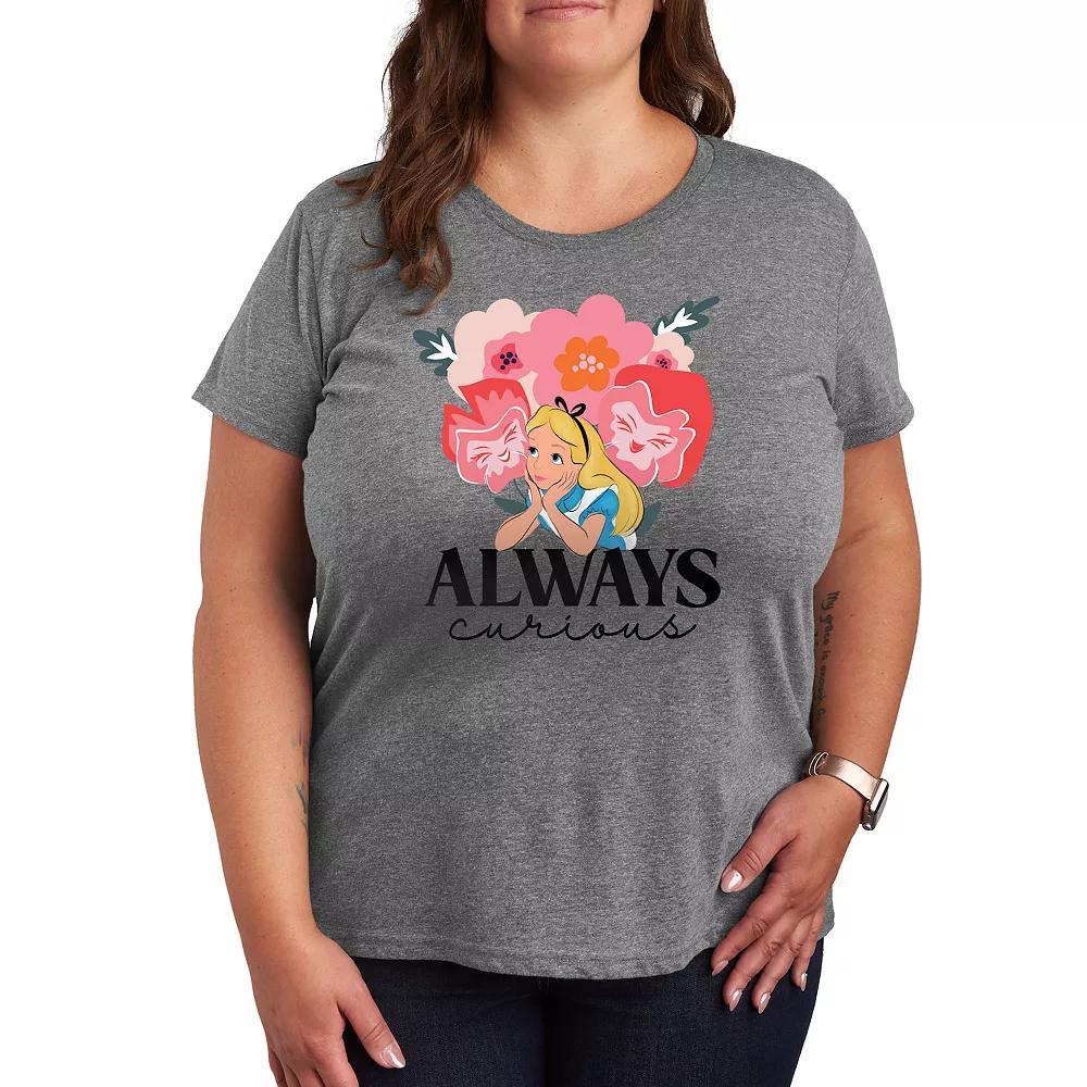 Disneys Alice in Wonderland Plus Always Curious Graphic Tee, Womens Grey Gray Product Image