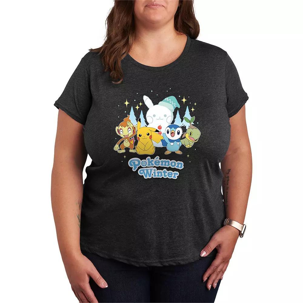 Plus Pokemon Winter Graphic Tee, Womens Heather Grey Product Image