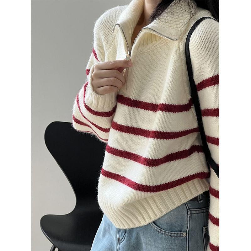 Stand Collar Striped Half Zip Sweater Product Image