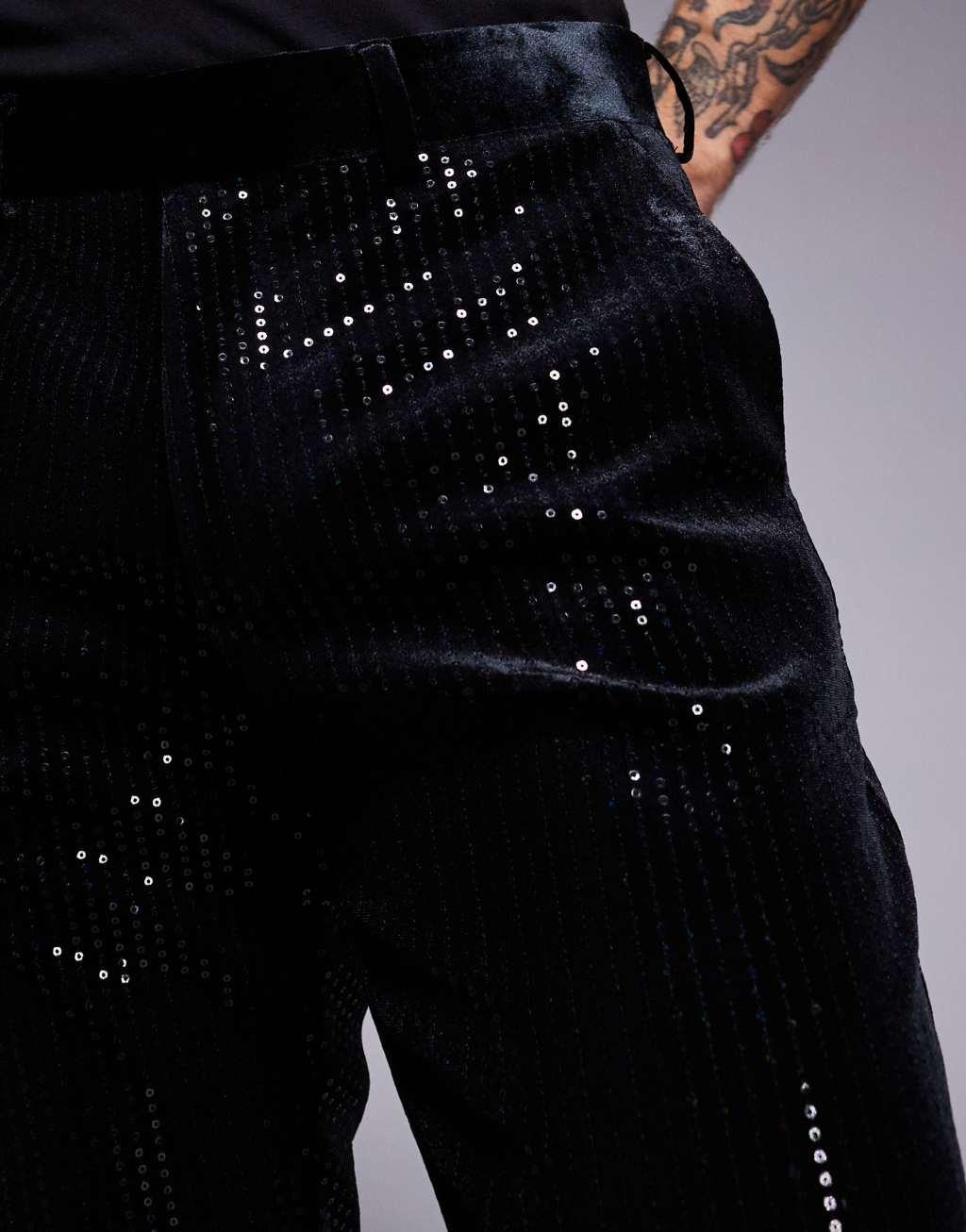 ASOS DESIGN new skinny suit pants in velvet sequin in black Product Image