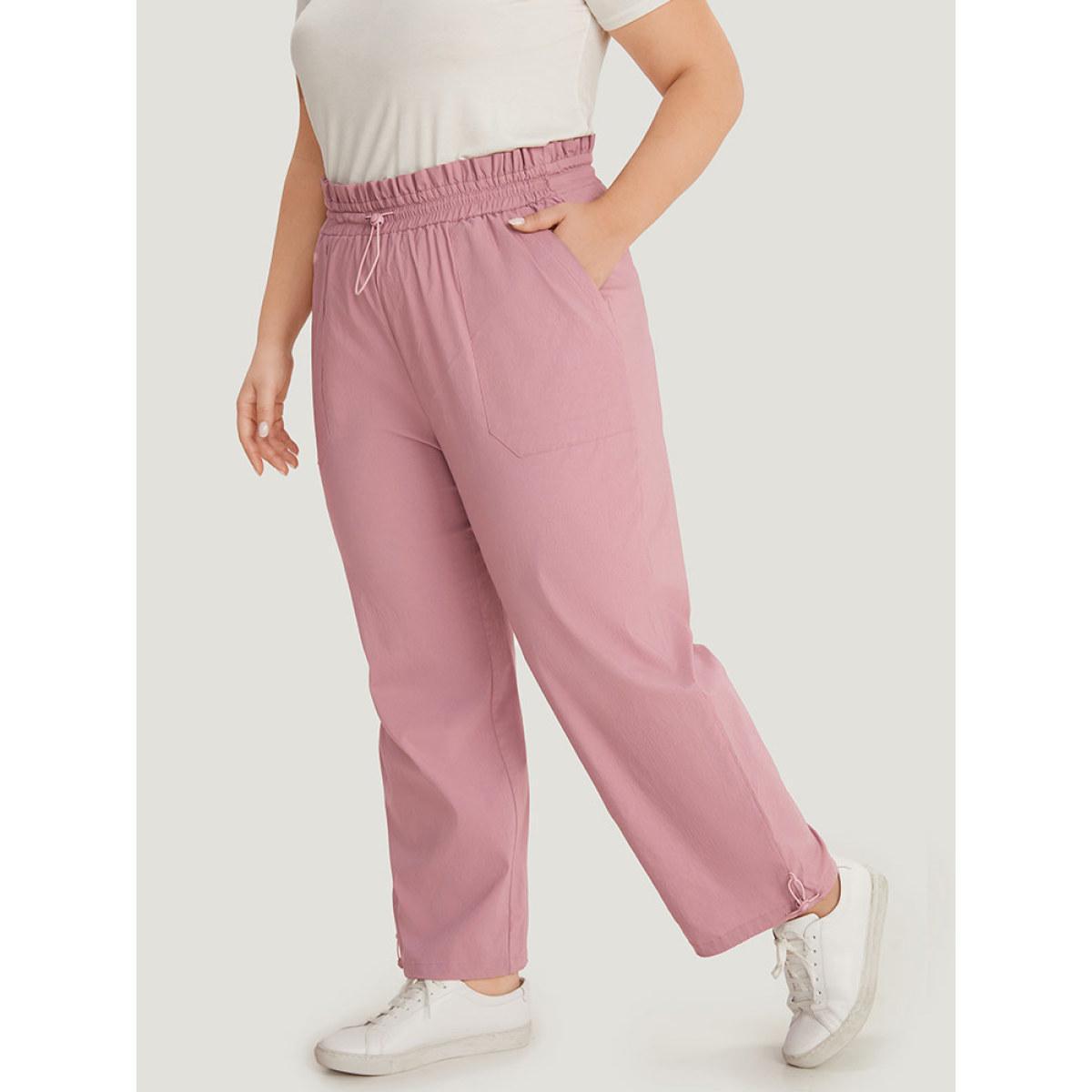 Plus Size Plain Paperbag Waist Drawstring Hem Slant Pocket Pants Women Rouge Casual High Rise Dailywear Pants BloomChic 22-24/3X Product Image