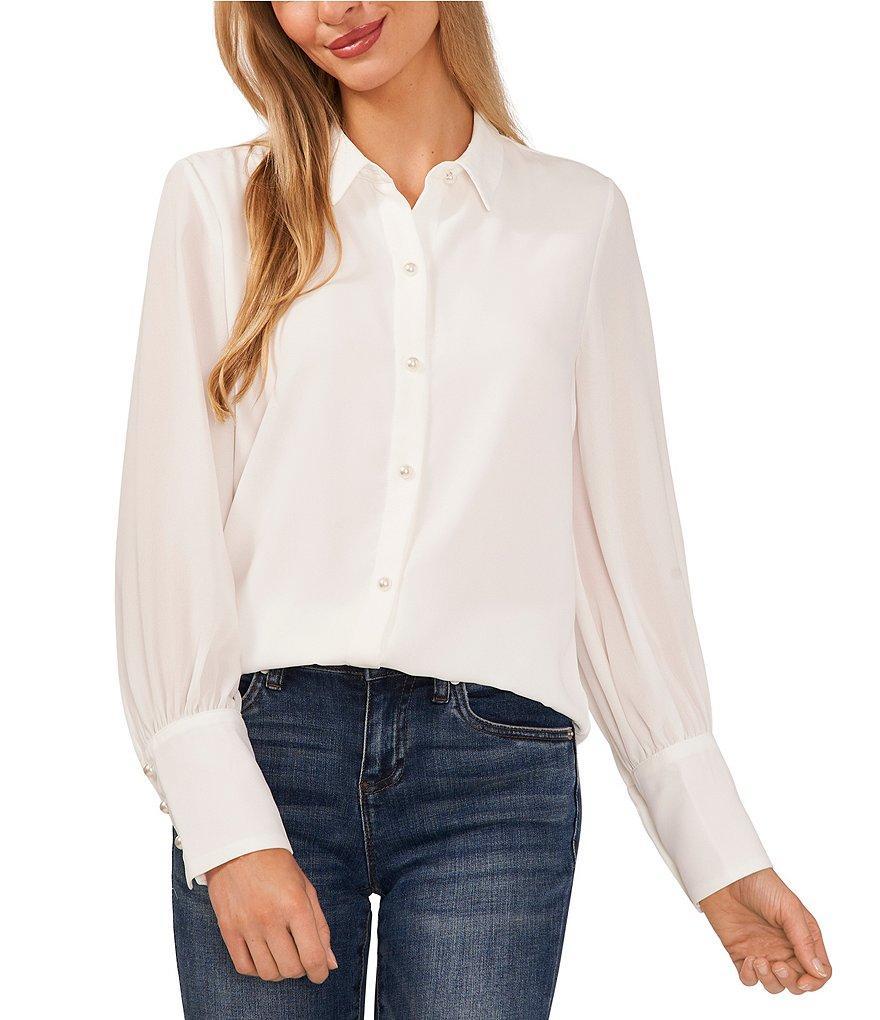 CeCe Heavy Georgette Point Collar Long Sleeve Pearl Button Front Shirt Product Image