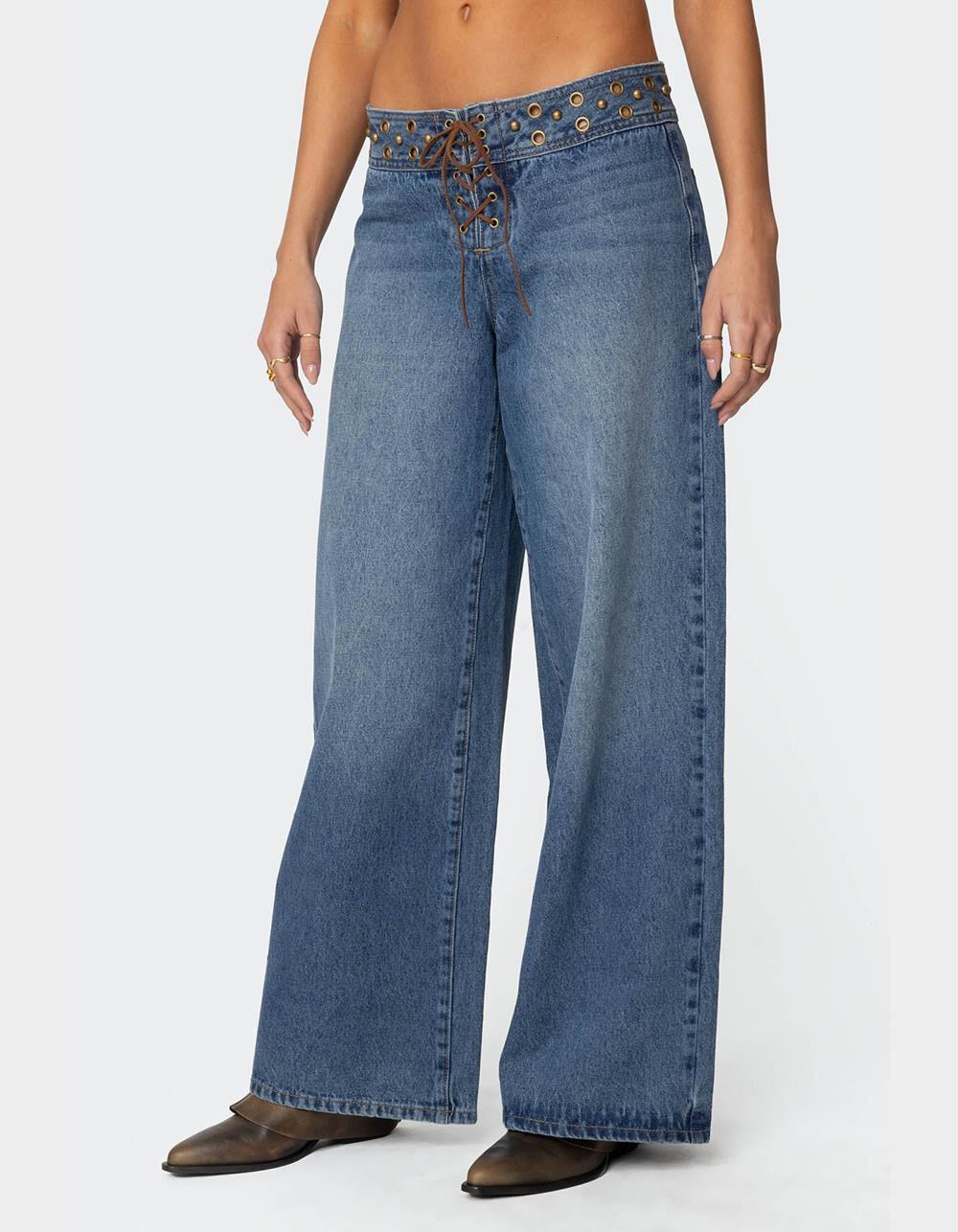 EDIKTED Stud & Grommet Low Rise Jeans Product Image