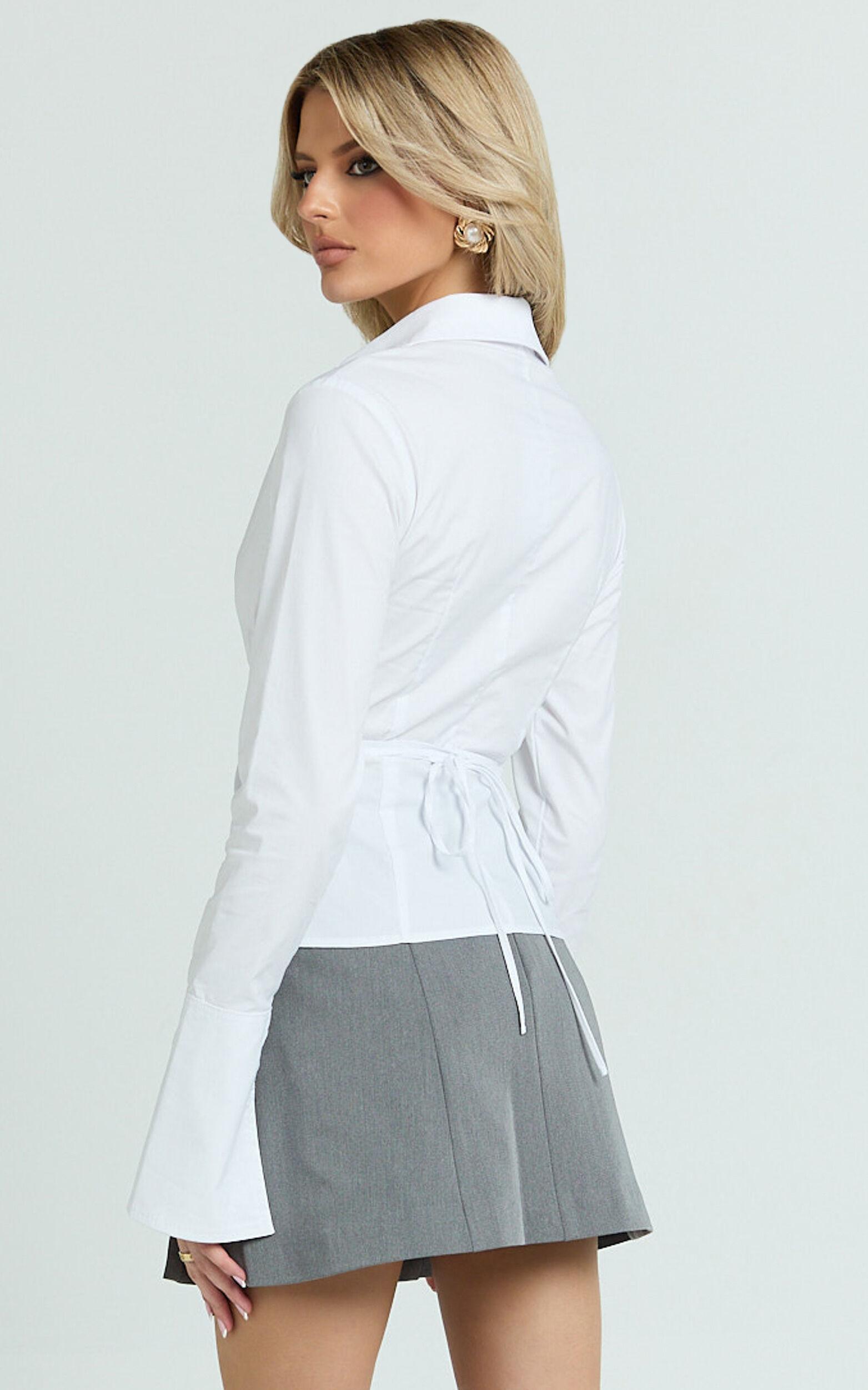 Katherine Top - Collared Plunge Flared Sleeve Top in White Product Image