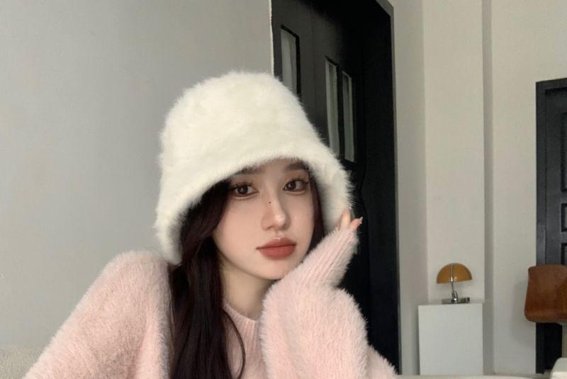 Crew Neck Plain Fluffy Midi Sweater Dress Product Image