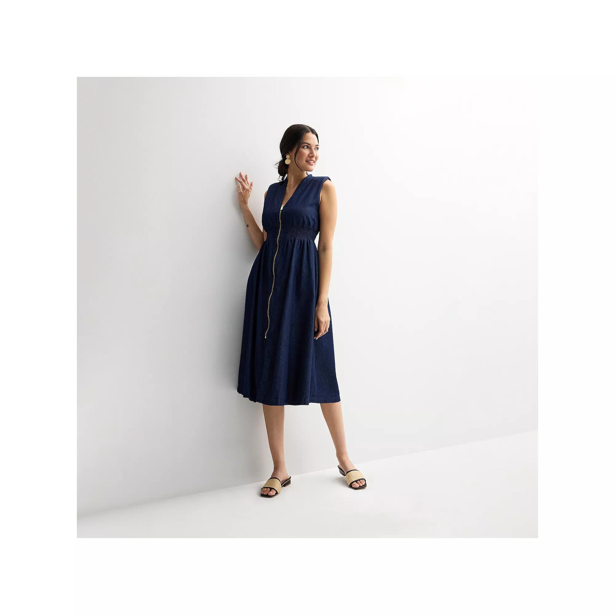 Petite Nine West Zip Front Midi Dress, Women's, Size: XL Petite, Mid Blue Blue Wash Product Image
