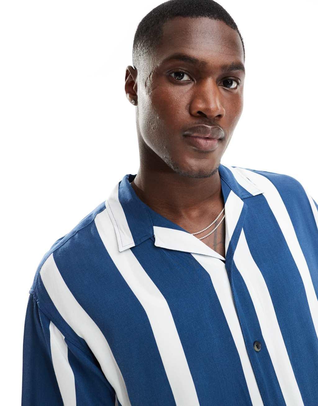 Jack & Jones camp collar shirt with vertical stripe in blue Product Image