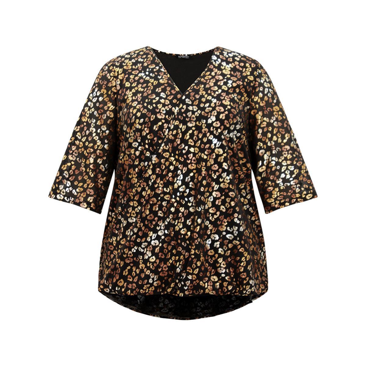 Plus Size Black Leopard Glitter Wrap V Neck Blouse Women Glamour Elbow-length sleeve V-neck Going out Blouses BloomChic 12/L Product Image