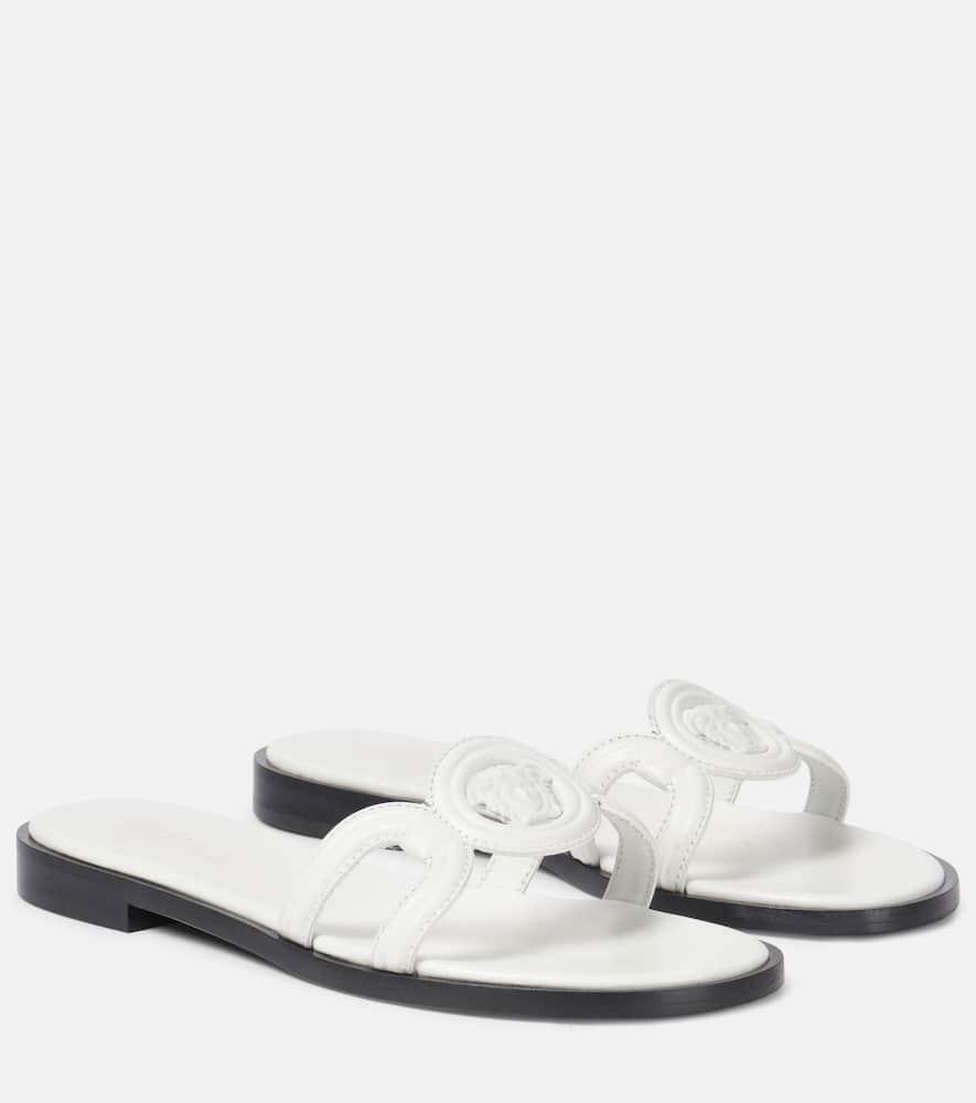 VERSACE Medusa Leather Flat Slide Sandals In White Product Image