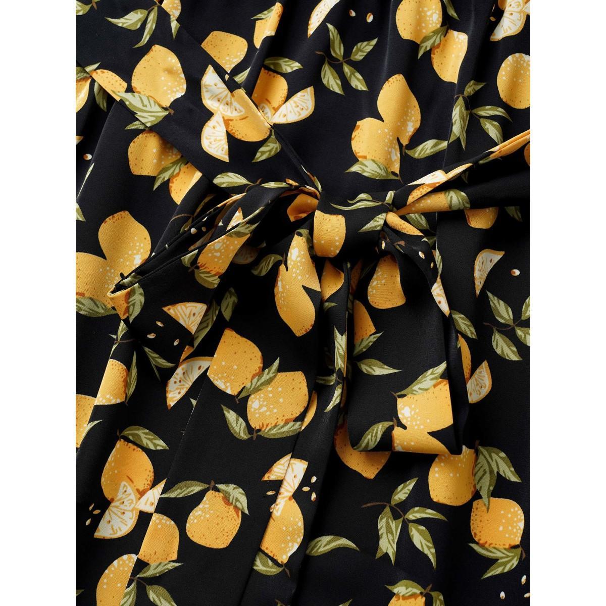 Plus Size Citrus Lemons Print Belted Surplice Neck Split Side Dress BlackFlower Women Elegant Non Overlap Collar Short sleeve Curvy Midi Dress BloomChic 18-20/2X Product Image