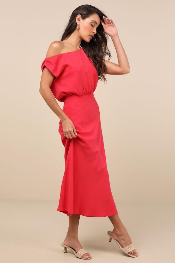 Casual Enchantment Red Linen Off-the-Shoulder Midi Dress Product Image
