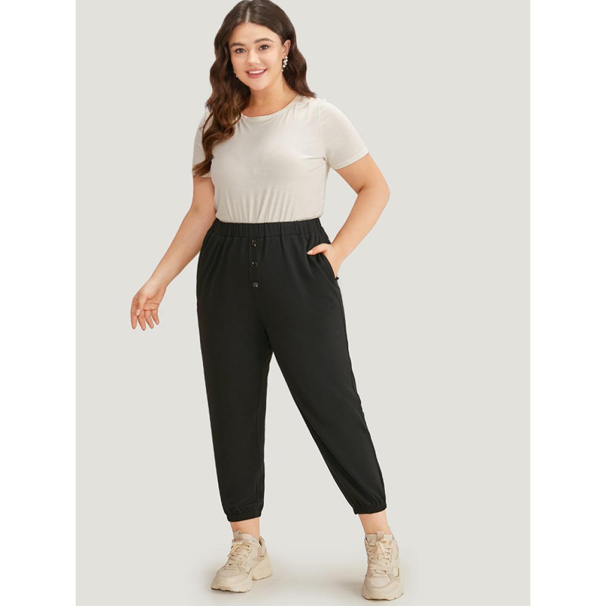 High Rise Button Detail Elastic Waist Sweatpant Black Plus Size Women Casual Dailywear Plain 10/M Bloomchic Product Image