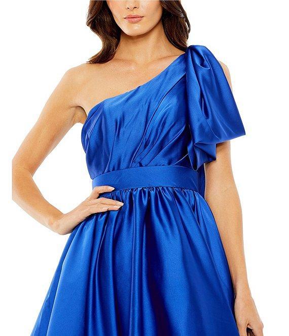 Mac Duggal One Shoulder Bow Detail Satin Fit & Flare Mini Dress Product Image