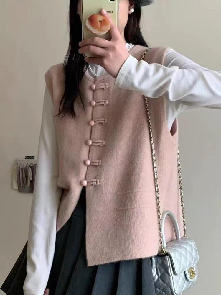 Crew Neck Frog Button Sweater Vest Product Image
