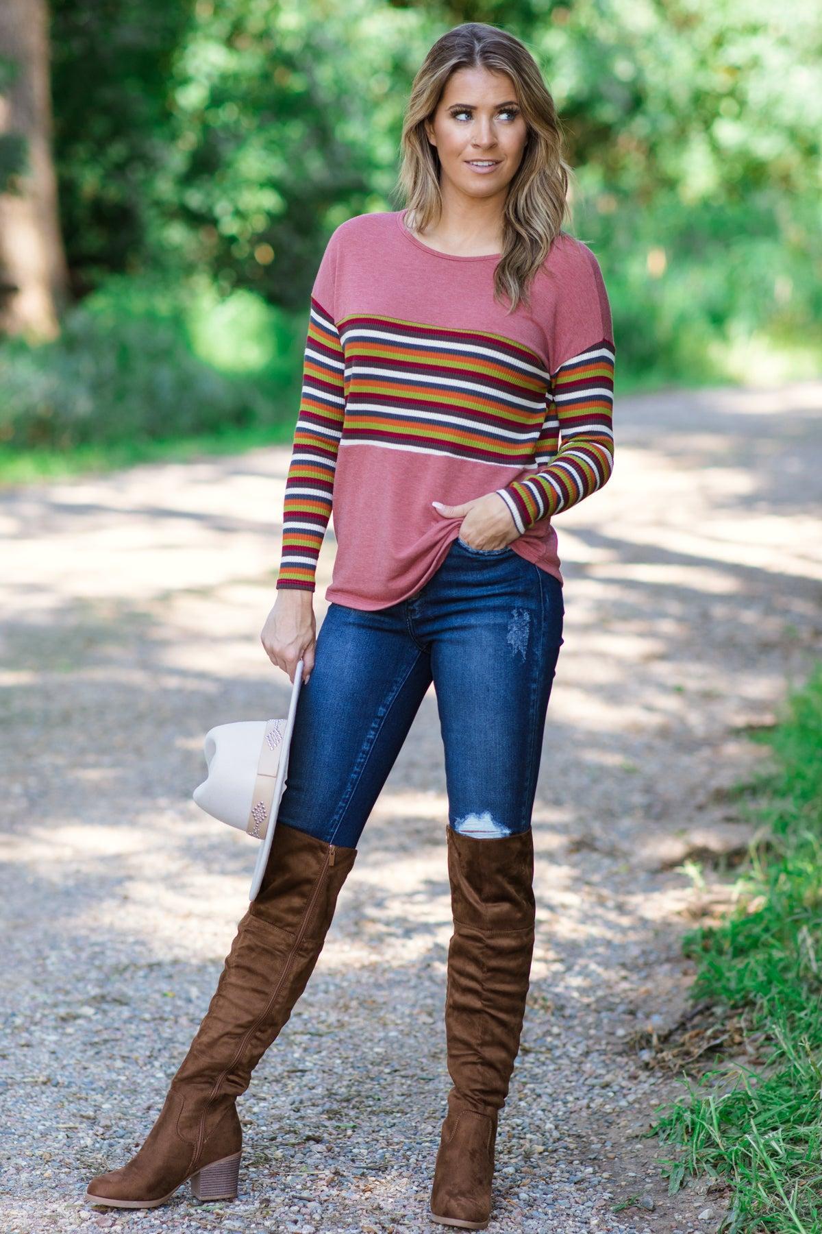 Wine Multicolor Stripe Detail Top Product Image