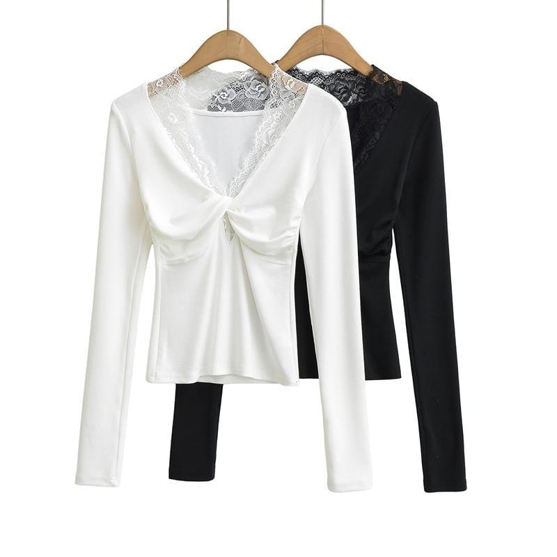 Long Sleeve V-Neck Plain Lace Trim Twist Front Crop Tee Product Image