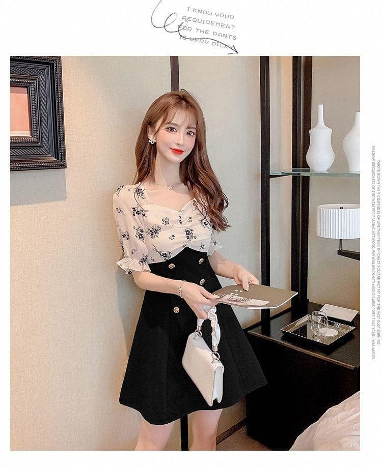 Short-Sleeve Floral Panel Double-Breasted A-Line Dress Product Image