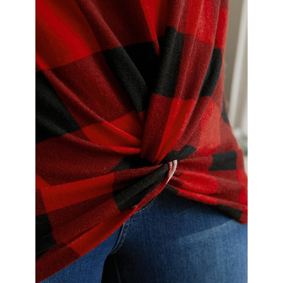 Plus Size Plaid Twist Front Long Tee Raspberry Women Elegant Twist-front Plaid V-neck Dailywear T-shirts BloomChic 28/5X Product Image