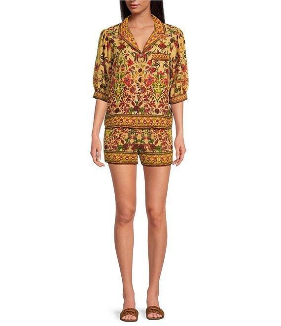A Loves A Woven Floral Print Notch Lapel 3/4 Bubble Sleeve Button Front Coordinating Camp Shirt Product Image
