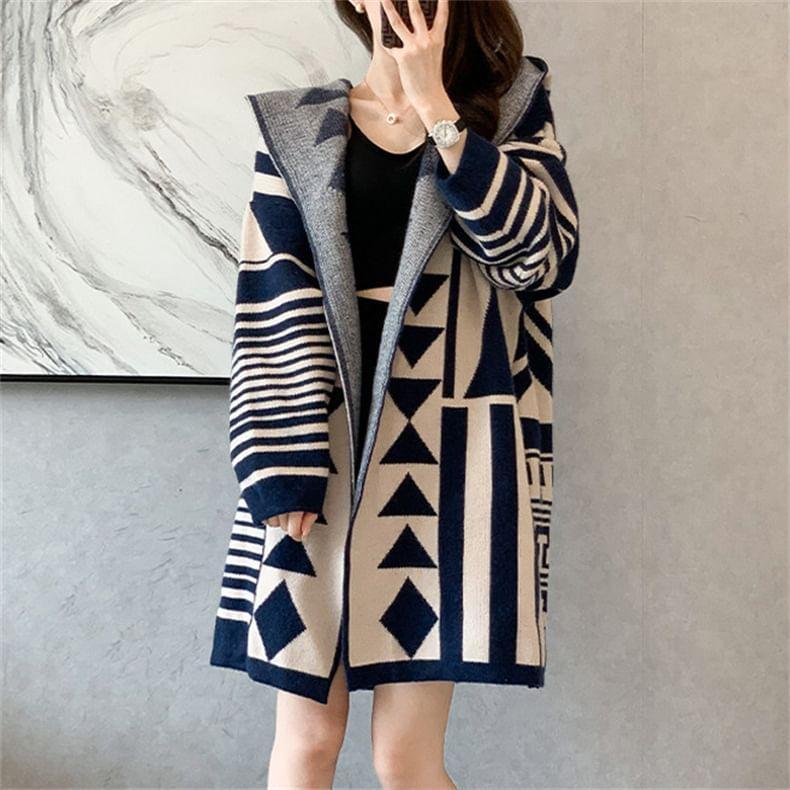 Geometric Print Hooded Open Front Long Cardigan Product Image
