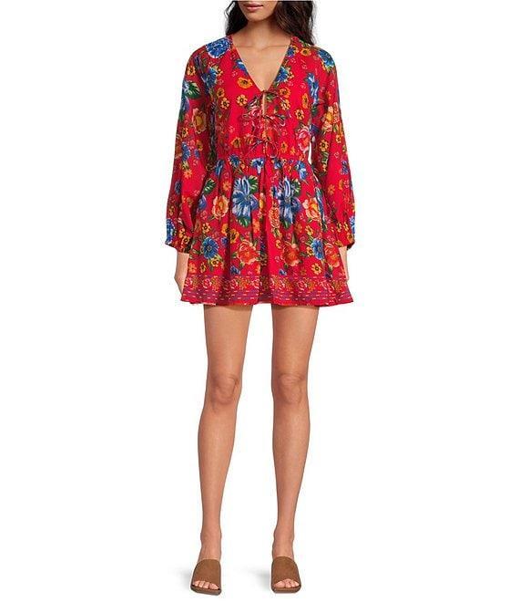 Chelsea & Violet Cadence Printed Tie Front V-Neck Long Sleeve Dress Product Image