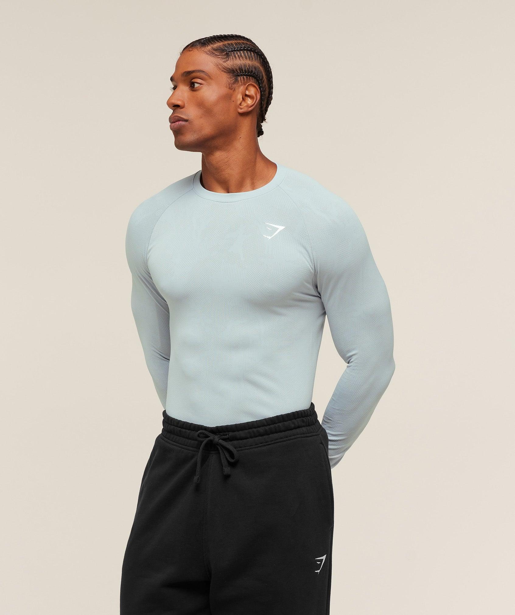 Gymshark Geo Seamless Long Sleeve T-Shirt - Smoke Blue/Soft White Male Product Image