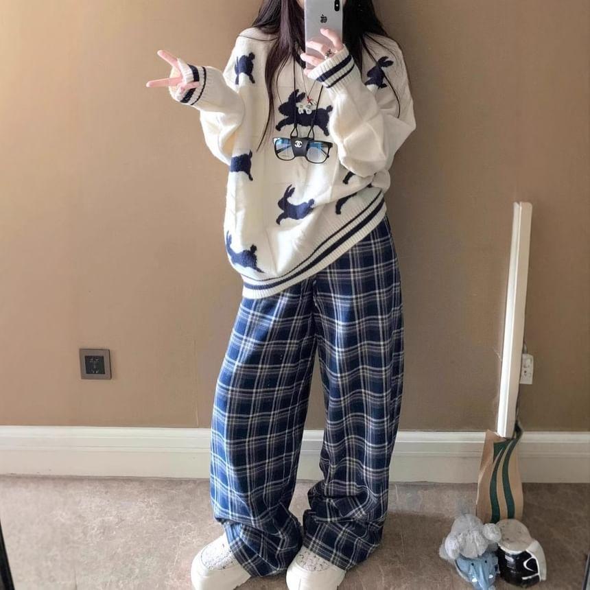 Drawstring Waist Plaid Wide Leg Pants Product Image