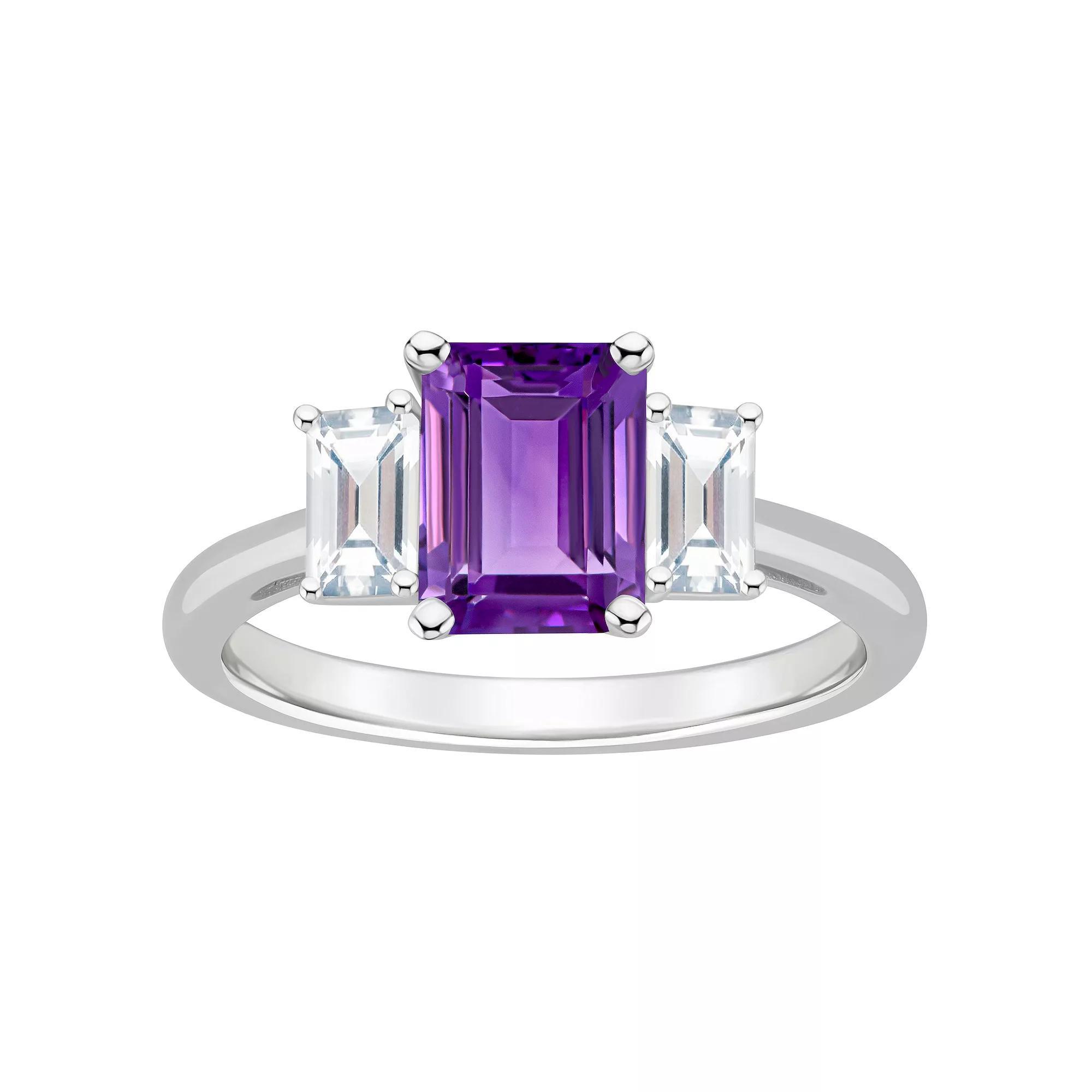 Alyson Layne Sterling Silver 8 mm x 6 mm Emerald Cut Gemstone & White Topaz Three-Stone Ring, Women's, Purple Product Image