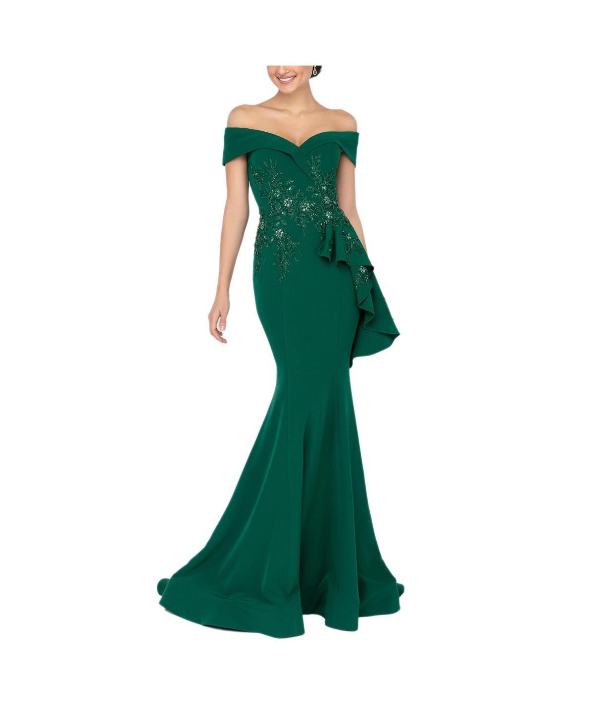 Terani Couture Off-the-Shoulder Short Sleeve Peplum Beaded Applique Mermaid Gown Product Image