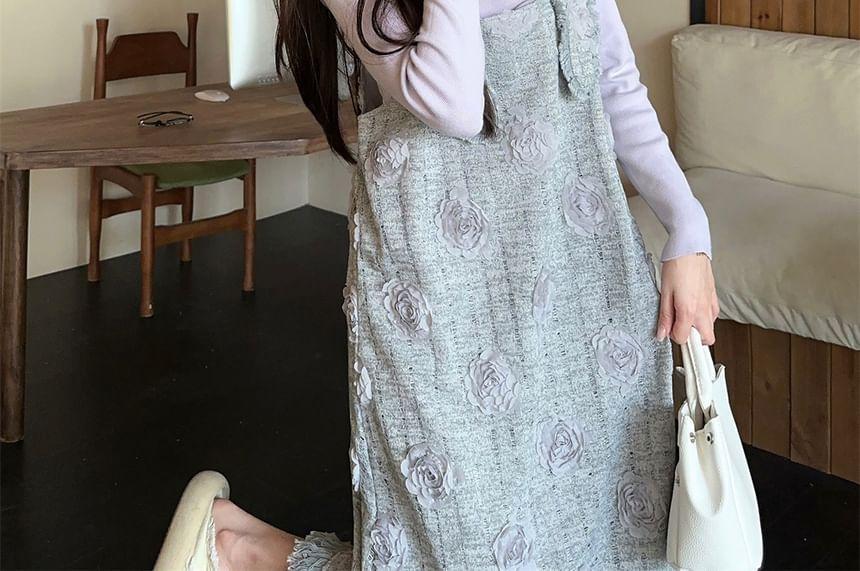 Long Sleeve Mock Neck Plain Tee / Flower Detail Midi Overall Dress Product Image