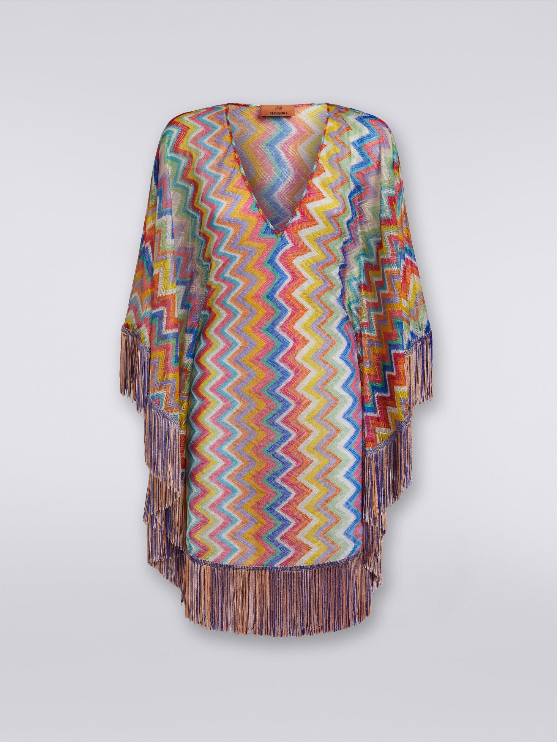Short cover-up kaftan with zigzag print and fringes Product Image