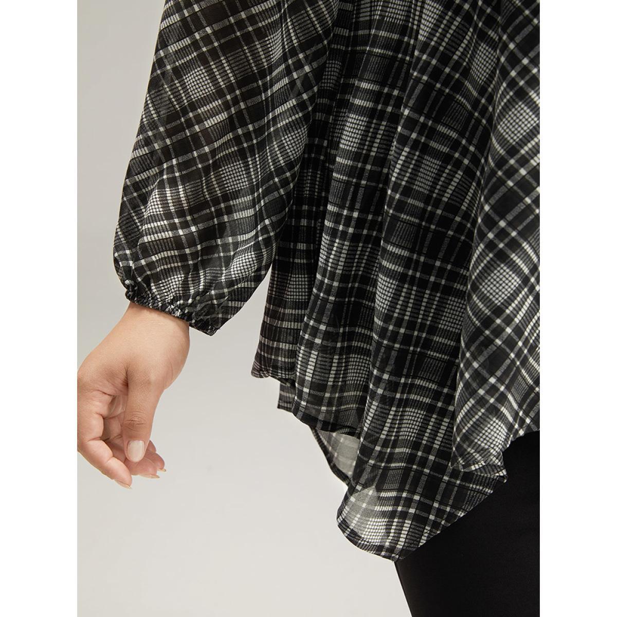 Plus Size Black Plaid Chiffon Lantern Sleeve Hanky Hem Blouse Women Office Long Sleeve Round Neck Work Blouses BloomChic 12/L Product Image