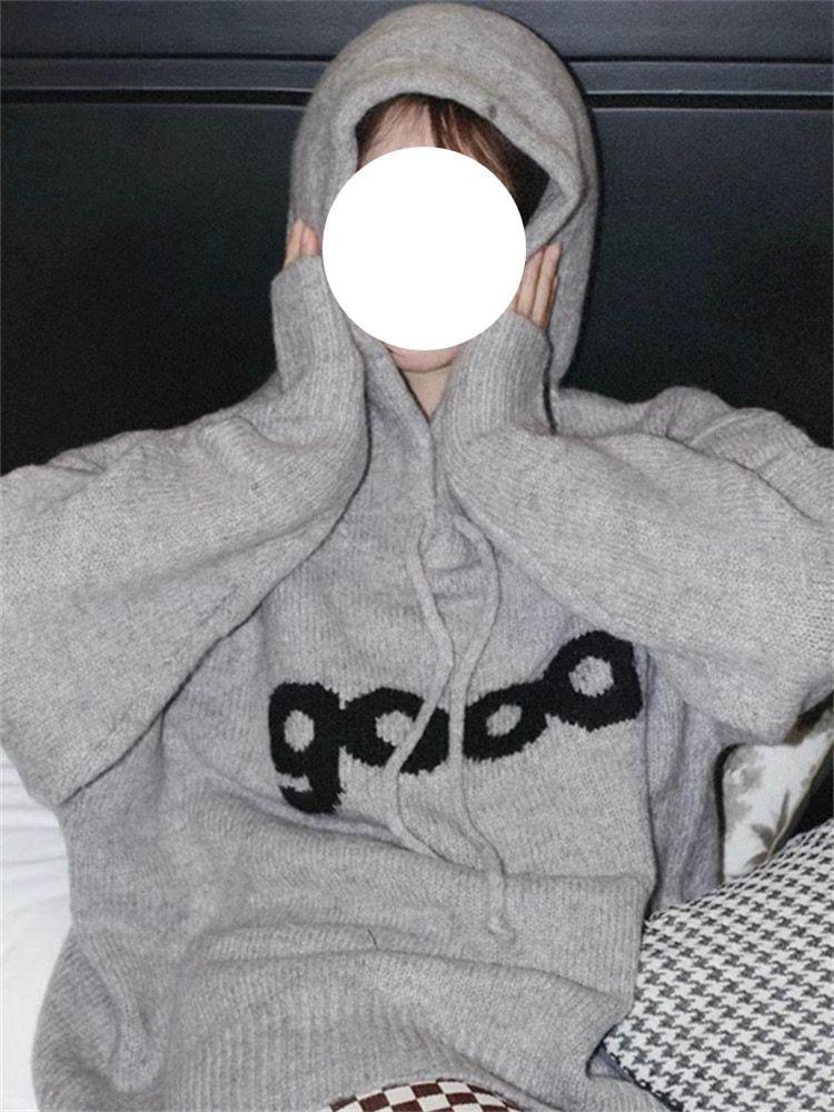 Lettering Drawstring Ribbed Hooded Sweater Product Image