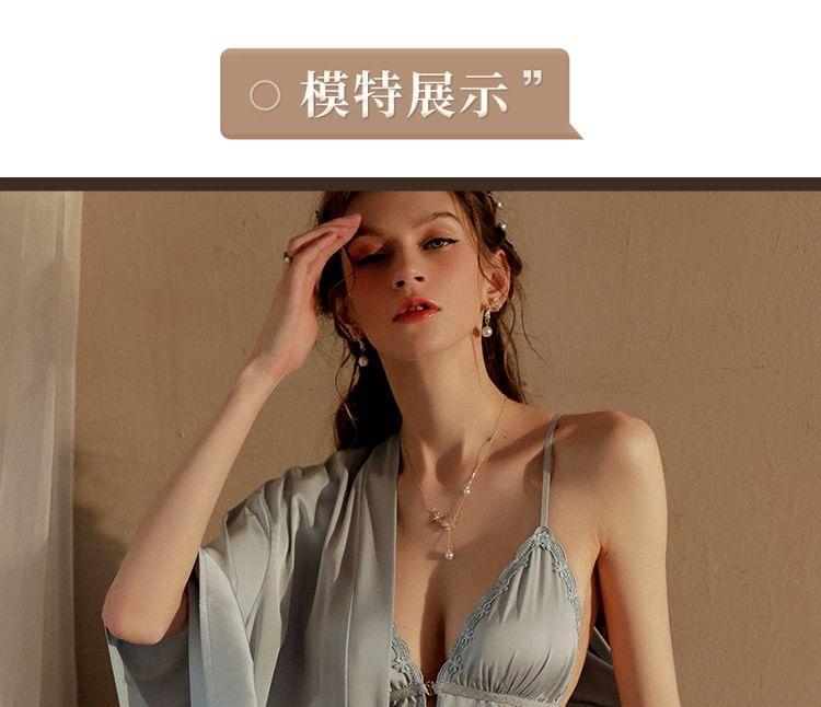 Front Closure Lace Panel Slip Dress / Thong / Robe / Sash / Set Product Image