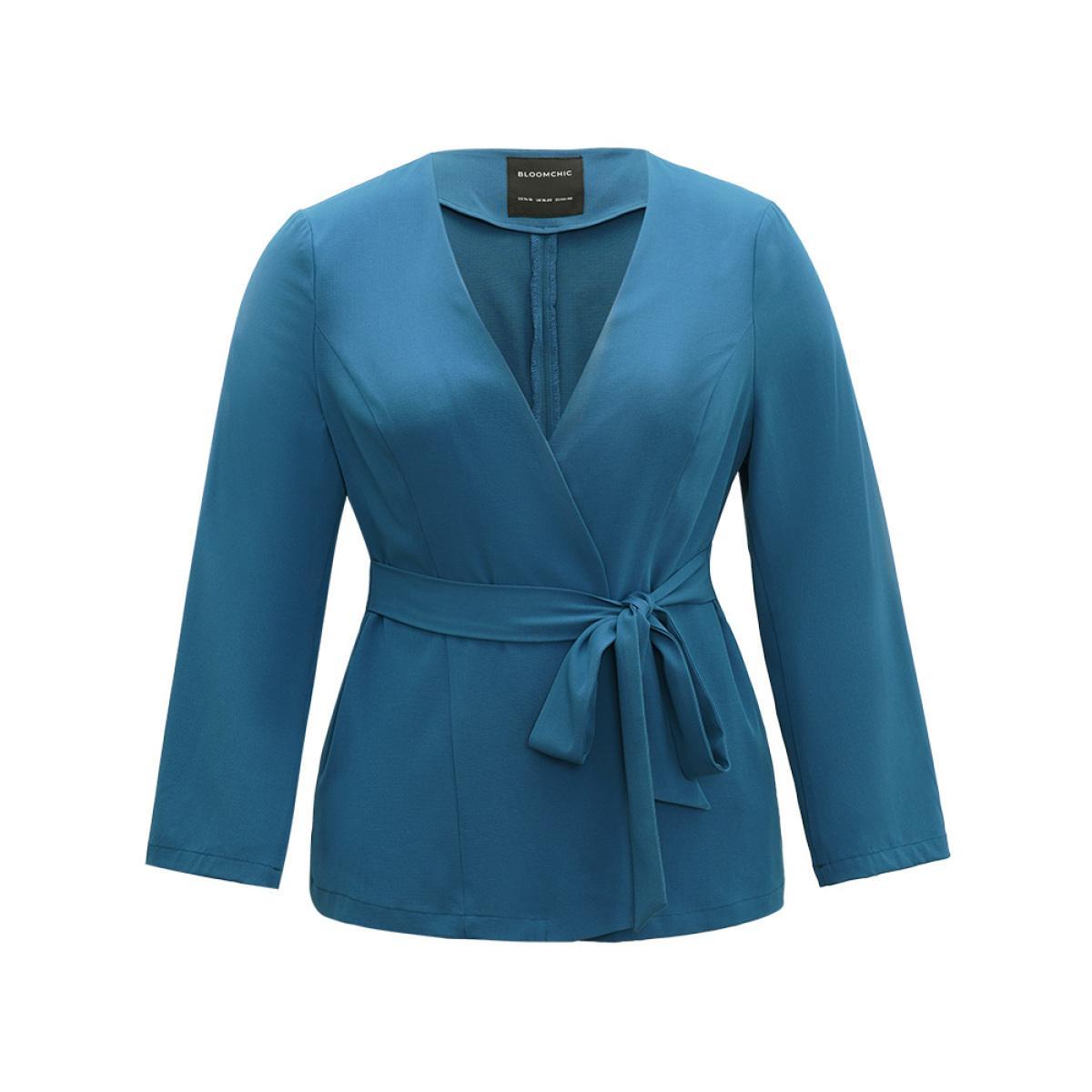 Plus Size Solid Belted Knot Blazer Cerulean Women Dailywear Plain Plain Sleeve Long Sleeve Open Front 12/L Belt Casual Blazers BloomChic Product Image