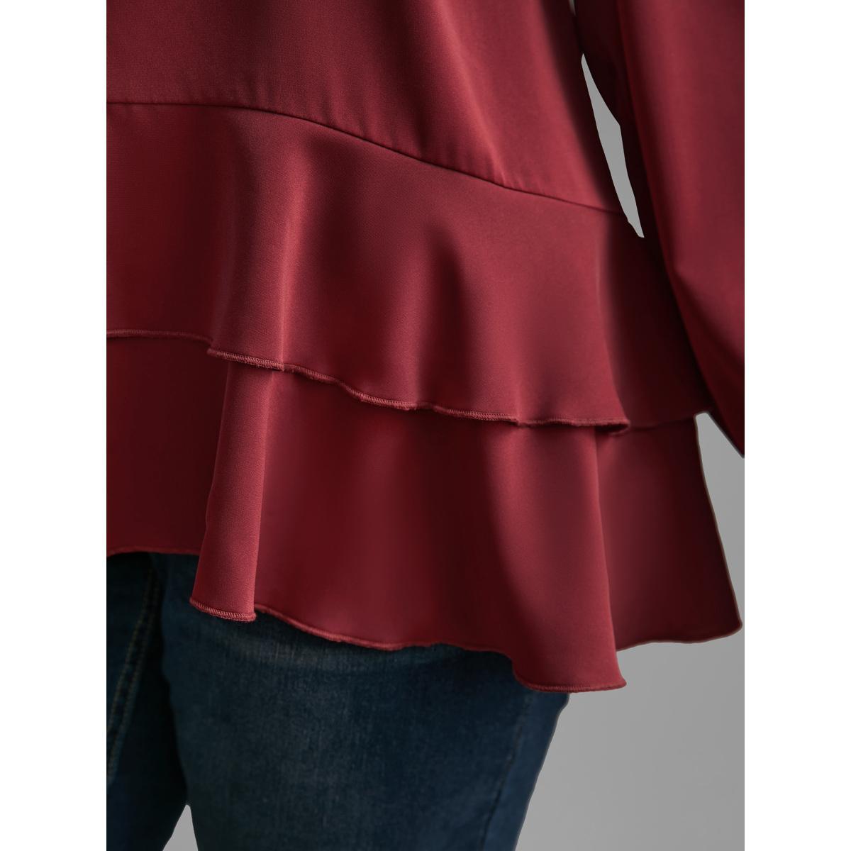Plus Size Scarlet Plain Tiered Ruffle Hem Lantern Sleeve Blouse Women Elegant Long Sleeve Round Neck Everyday Blouses BloomChic 10/M Product Image