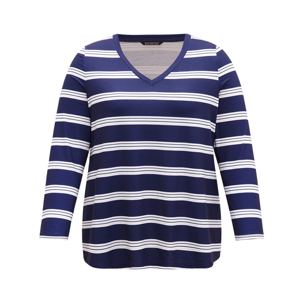 Plus Size Striped Print V Neck T-shirt DarkBlue Women Casual Printed Striped V-neck Dailywear T-shirts BloomChic 18-20/2X Product Image