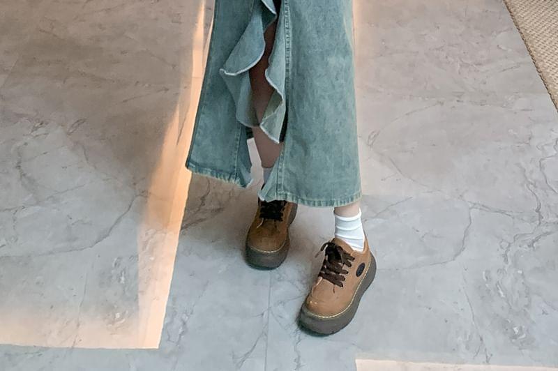 High Rise Washed Denim Maxi Fishtail Skirt Product Image